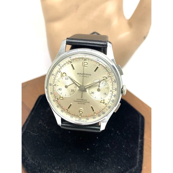 Wakmann Men's Watch Vintage Swiss Manual Wind Chronograph Silver Dial 38mm - Picture 1 of 13